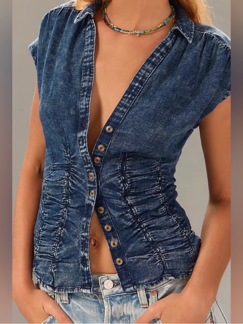 Pilcro from Anthropologie Ruched Denim Button-Front Top